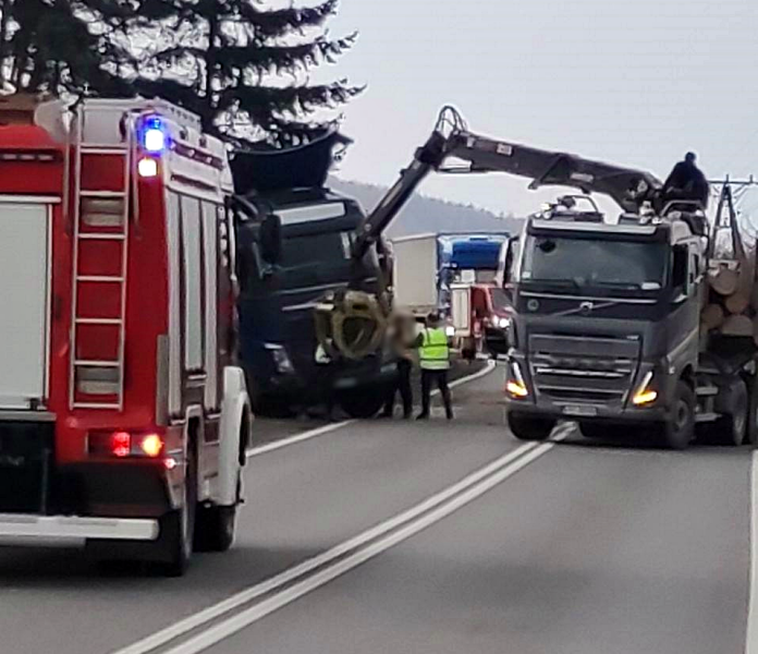 Samochód ciężarowy przewożący drewno wpadł do rowu na drodze krajowej nr 46