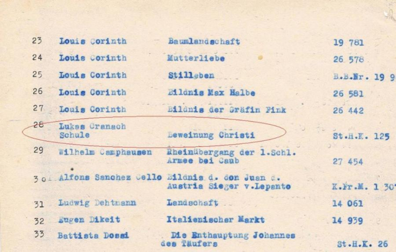Lista obrazów zdeponowanych w czasie II wojny światowej w Kamieńcu Ząbkowickim