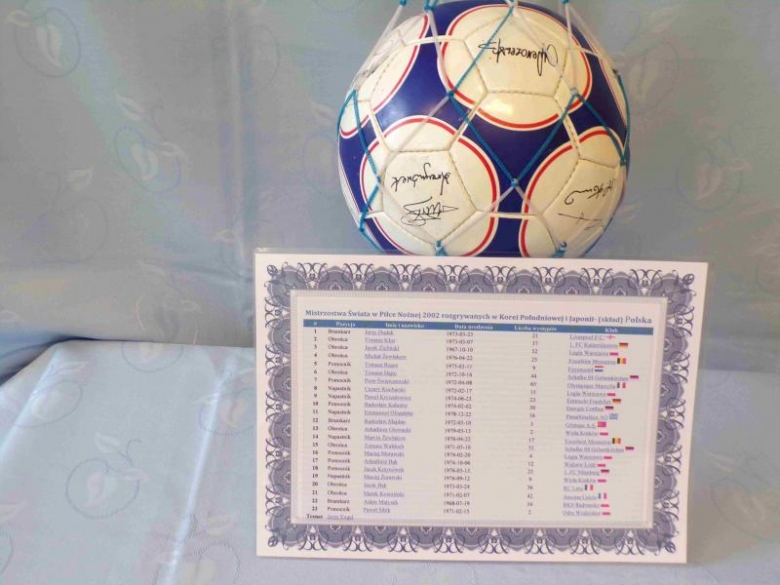 piłka z autografami Reprezentantów Mistrzostw Świata w Piłce Nożnej z 2002 roku