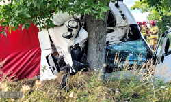 Samochód ciężarowy zjechał z drogi i uderzył w drzewo