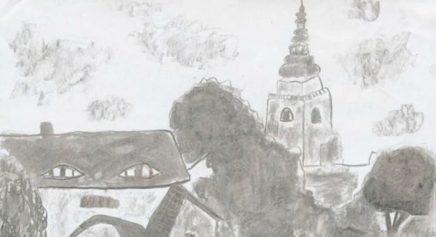 Ilustracja przedstawiająca wieżę kościoła w Henrykowie. Zajęła I miejsce w konkursie plastycznym.
