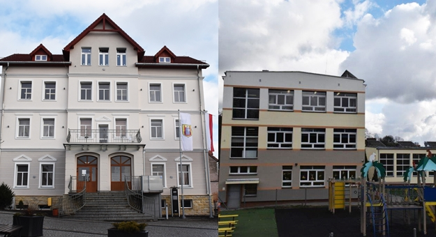 Zdjęcie po lewej: termomodernizacja urzędu miasta; zdjęcie po prawej: budynku Zespołu Szkolno-Przedszkolnego 