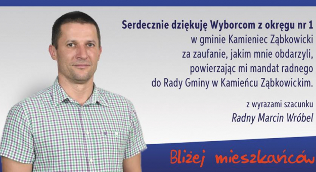 Podziękowania dla Wyborców z okręgu nr 1 w gminie Kamieniec Ząbkowicki za oddane głosy 