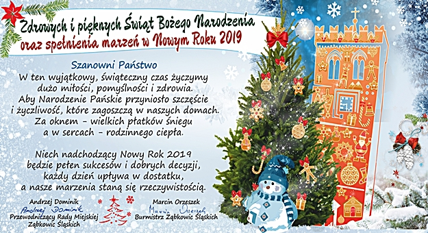 Życzenia bożonarodzeniowe od burmistrza Marcina Orzeszka i Andrzeja Dominika - przewodniczącego rady miejskiej