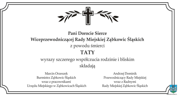Kondolencje od burmistrza oraz radnych Rady Miejskiej w Ząbkowicach Śląskich 