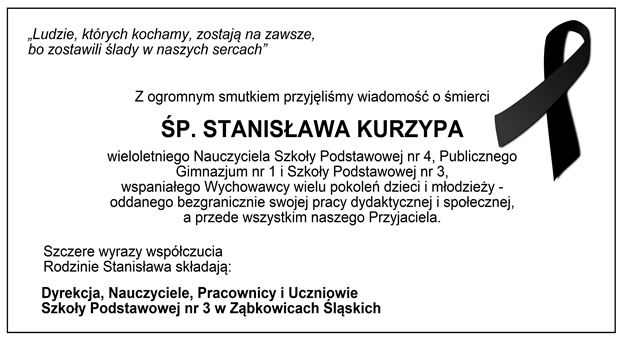 Kondolencje dla rodziny Stanisława Kurzypa od Szkoły Podstawowej nr 3 w Ząbkowicach Śląskich