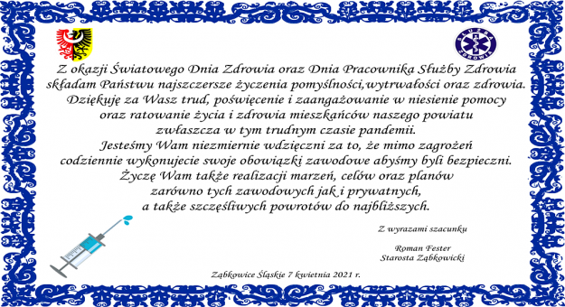 Życzenia z okazji Światowego Dnia Zdrowia oraz Dnia Pracownika Służby Zdrowia składa Roman Fester Starosta Ząbkowicki