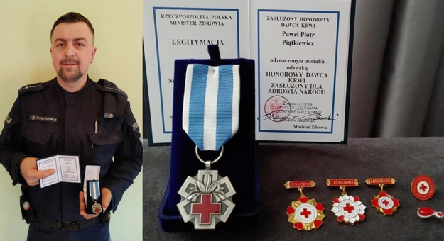 Mł. asp. Paweł Piątkiewicz z Komisariatu Policji w Kamieńcu Ząbkowickim otrzymał państwowym odznaczenie „Honorowy Dawca Krwi – Zasłużony dla Zdrowia Narodu”