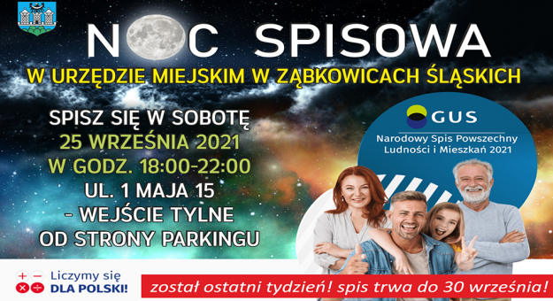 W najbliższą sobotę 25 września w godzinach od 18 do 22 w Urzędzie Miejskim w Ząbkowicach Śląskich odbędzie się Spis Powszechny Ludności i Mieszkań 2021
