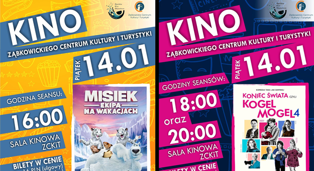 14 stycznia w Ząbkowickim Centrum Kultury i Turystyki odbędą się trzy seanse: O godz. 16 „Misiek: Ekipa na wakacjach”, a o godz. 18 i 20 „Koniec świata, czyli Kogel Mogel 4”