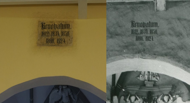 Tablica na fotografii wykonanej w czasie remontu kościoła (po lewej) oraz tablica na fotografii z 1935 roku (po prawej)