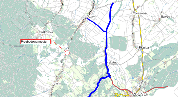 Mapka ukazująca objazd na czasu przebudowy mostu w Laskach