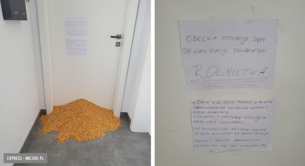 Ziarna kukurydzy i krótki „list” zostawili dziś rolnicy z powiatu ząbkowickiego pod siedzibą biura poselskiego Marcina Gwoździa