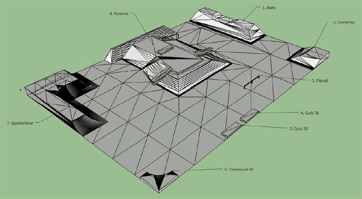 Obiekt będzie wyposażony między innymi w bank, corner hip, flatrail, dwa elementy curb 30, cornercurb 40, quarterbowl oraz pyramid