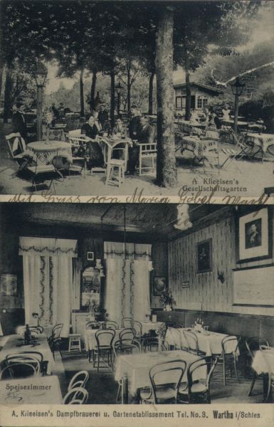 Pocztówka przedstawiająca letni ogród oraz salę restauracji mieszczącej się przy browarze Antona Klieeisen. W ogrodzie na pierwszym planie Anton Klieeisen z żoną oraz synami