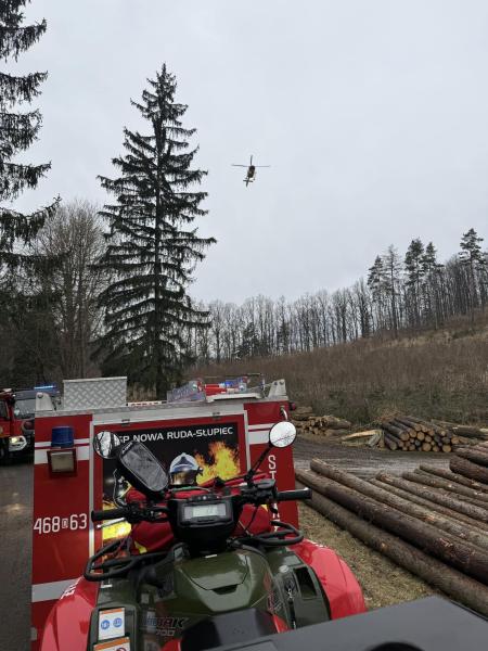 Wypadek podczas prac leśnych w Żdanowie. 35-latek śmigłowcem przetransportowany do szpitala