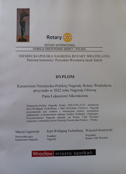 Łukasz Sikorski został laureatem Nagrody Rotary Wratislavia
