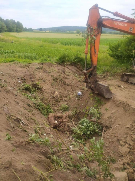 Zakres prac obejmuje odkrzaczenie, wycinkę drzew, usunięcie korzeni, maszynowe odmulenie i poszerzenie dna rowu oraz naprawę skarp i rozplantowanie urobku