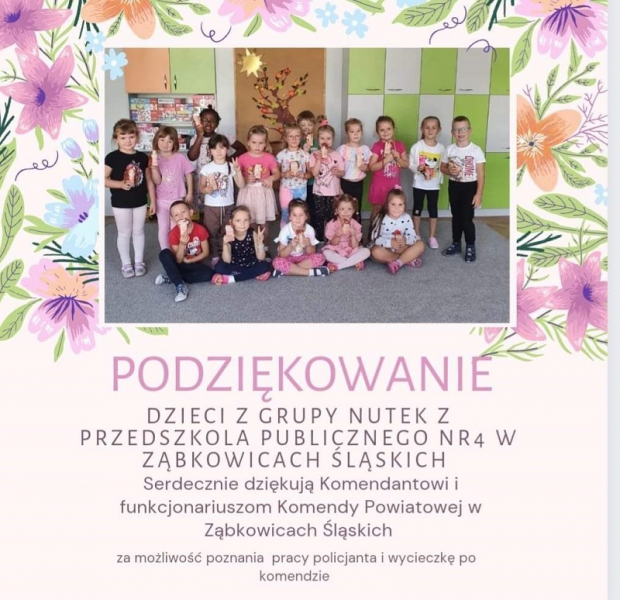 Podziękowanie dzieci z grupy Nutek z Przedszkola nr 4 w Ząbkowicach Śląskich