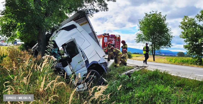 Samochód ciężarowy zjechał z drogi i uderzył w drzewo