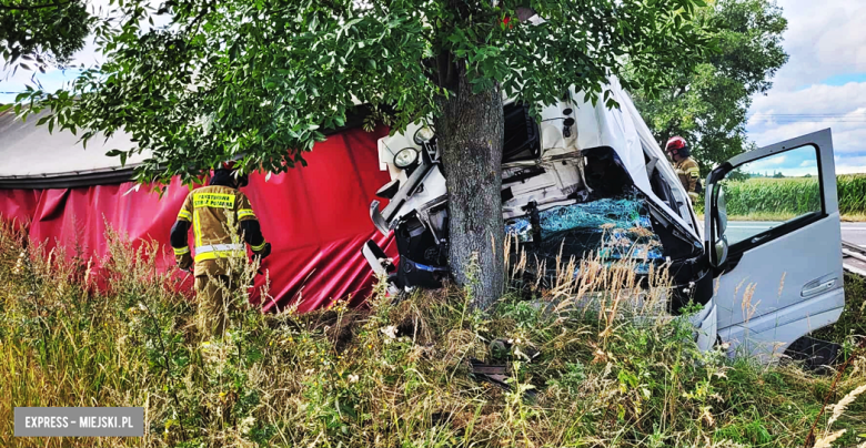 Samochód ciężarowy zjechał z drogi i uderzył w drzewo
