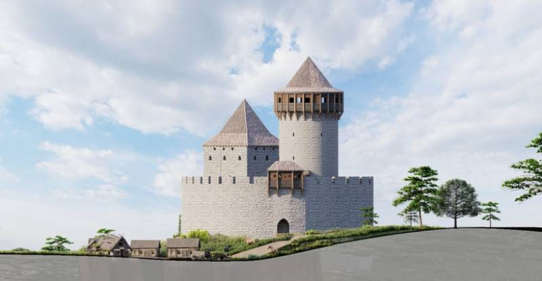 Widok na zamek od strony południowej (rekonstrukcja autorstwa Barbary Całko, Magdaleny Ambroszko i Michała Grzywaczewskiego)