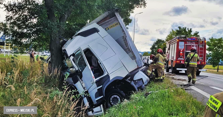 Samochód ciężarowy zjechał z drogi i uderzył w drzewo