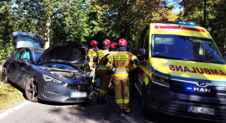 Czołowe zderzenie dwóch samochodów na łuku drogi