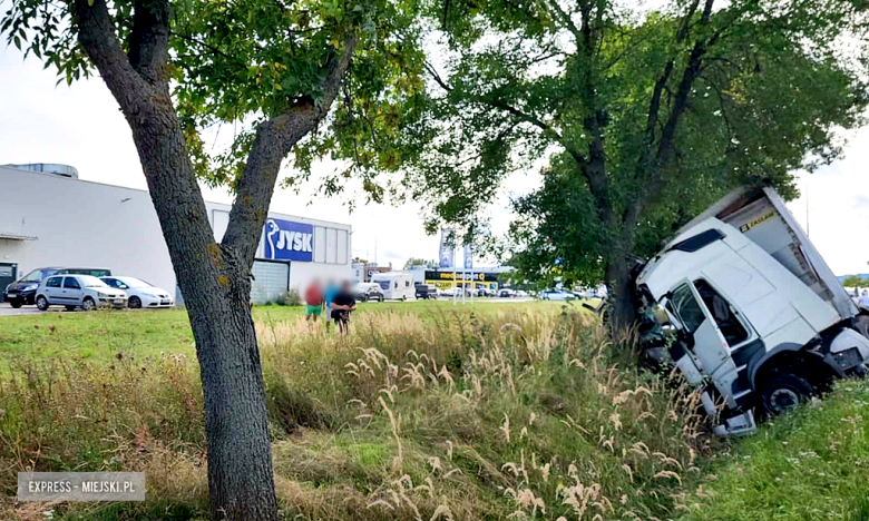Samochód ciężarowy zjechał z drogi i uderzył w drzewo