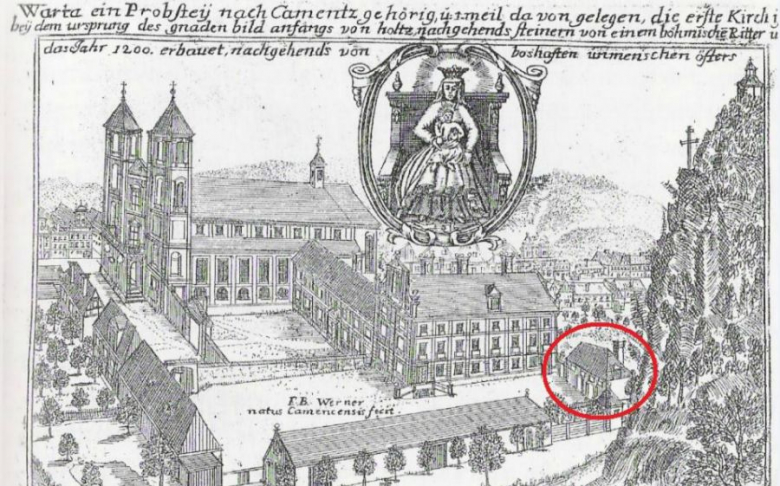 Rysunek Friedricha Berharda Wernera z 1752 roku z zaznaczonym na nim browarem cystersów