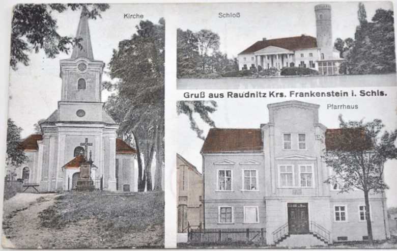 malowniczo położona wieś w gminie Stoszowice, u podnóża Gór Sowich, o której najwcześniejsze wzmianki sięgają I połowy XIII wieku. Na początku nosiła nazwę Rudno, po kilkudziesięciu latach Rudna, a w dokumentach z II połowy XVII wieku była znana pod nazwą Raudnitz, która obowiązywała do końca wojny. W latach 1945-47 figurowała pod nazwą Rudzienice, potem przemianowano ją na aktualną Rudnicę. Wiadomo także, iż Sigmunt Keil w 1481 roku sprzedał miejscowość Balzerowi von Sterza, który zbudował w niej słynny pałac. Nawet dziś mimo swojego stanu pozostaje on wizytówką i znakiem rozpoznawczym miejscowości. Powstał on w połowie XVI wieku w stylu renesansowym na planie prostokąta. Posiadał także wieżę w południowo-wschodnim rogu. Był to dwupiętrowy budynek mieszkalny z wysokim parterem. Posiadał fosę, która wraz z wieżą nadawała mu charakter obronny. W latach 70. XVI wieku pałac z majątkiem zakupił Georg von Nimptsch und Diesdorf, a kilka lat później Fabian von Reichenbach. Tak samo jak poprzednik kontynuował rozbudowę pałacu obiektu. Kolejne przebudowy miały miejsce w I połowie XVIII wieku, których wykonanie zlecił Christian von Hugwitz. W ich wyniku zyskał on styl barokowy. Swój ostateczny wygląd, czyli styl klasycystyczny, jaki zachował zaczął uzyskiwać po 1845 roku. Oprócz zasypania fosy można wymienić utworzenie parku w stylu angielskim, wykonanie nowej elewacji. W tym samym czasie na południową ścianę zostało przeniesione wejście. Wybudowano cztery kolumny w stylu jońskim, które zostały zwieńczone dwuspadowym dachem. Całość wraz elementami pilastrów na ścianach miały nawiązywać do antycznego stylu. Zmiany te zaszły, kiedy posiadłość znajdowała się w rękach rodu von Sternberg. Ostatnimi właścicielami majątku była rodzina von Strahwitz. Pod koniec II wojny światowej cały majątek został zajęty przez armię radziecką i pod ich władaniem znajdował się kilknaście miesięcy. Potem został wydany w polskie ręce. Wkrótce po tym w majątku utworzono Państwowy Ośrodek Hodowli Zarodowej. Od tamtego czasu pałac popadał w coraz większą ruinę. W połowie lat 70. co prawda przeprowadzono konserwację dekoracji, jednak to nie poprawiło ogólnego stanu technicznego budynku. Późniejsi zarządcy nie podjęli żadnych kroków, aby zapobiec dalszej degradacji obiektu. Rażące zaniedbania, nieudolne gospodarowanie obiektem oraz grabieże doprowadziły go do stanu w jakim znajduje się obecnie. W tym samym czasie dewastacji uległ także park. Oprócz pałacu w miejscowości znajduje się kościół pw. św. Michała Archanioła. To kolejny zabytek uwieczniony na moich kartkach. Jest to obiekt z lat 80. XVIII wieku w stylu klasycystycznym. Zbudowany został przez Andreasa i Floriana Langer, posiada jedną nawę nawę, prezbiterium zakończone półkoliście. Od zachodu znajduje się wieża. Jego stylowe wyposażenie wnętrza pochodzi jeszcze z czasów, kiedy budowano świątynię. Był restaurowany na początku XIX wieku. Od strony południowej w budynku z charakterystyczną ścianą frontową mieści się plebania. Świątynia do czasów obecnych przetrwała w niemal niezmienionej formie Również koło kościoła znajduje się zabytkowa kaplica grobowa z XIX wieku. Na jednej z pocztówek można zobaczyć także dom handlowy Richarda Satskyego, gdzie mieszkańcy mogli kupić artykułu spożywcze, tytoniowe oraz środki czystości. Widać na niej także staw i przypałacową oranżerię.