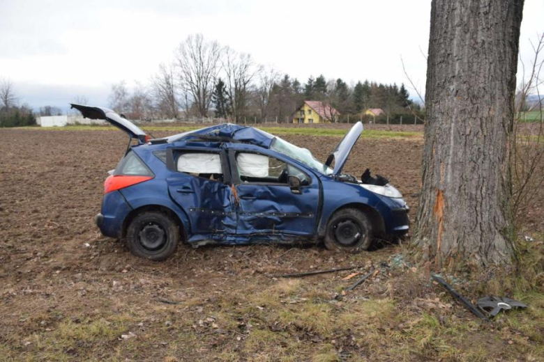 Peugeot wypadł z drogi i uderzył w drzewo [foto]