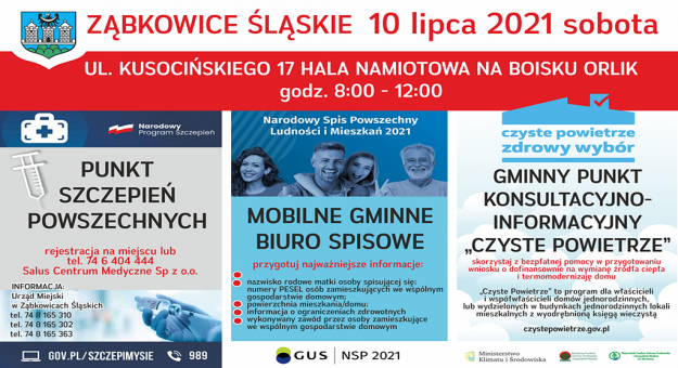 10 lipca przy ul. Kusocińskiego 17 w Ząbkowicach Śląskich w godz. od 8 do 12 będzie można się zaszczepić przeciwko Covid-19, spisać w Narodowym Spisie Powszechnym Ludności i Mieszkań 2021 oraz skonsultować w sprawie wymiany źródła ciepła