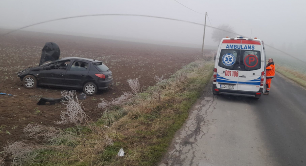 Na drodze między Lutomierzem a Stoszowicami dachował osobowy peugeot