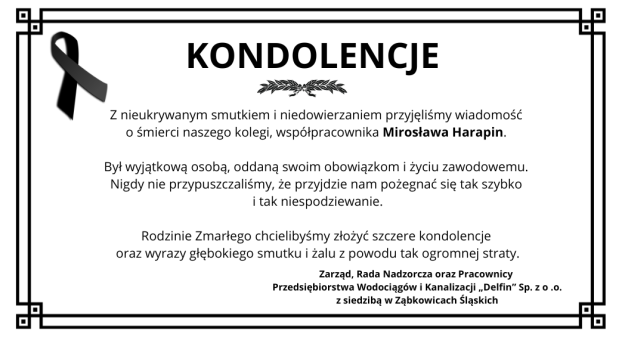 Kondolencje od Zarządu, Rady Nadzorczej i Pracowników PWiK Delfin w Ząbkowicach Śląskich