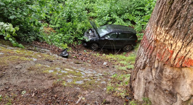 Samochód osobowy wypadł z drogi i uderzył w drzewo 