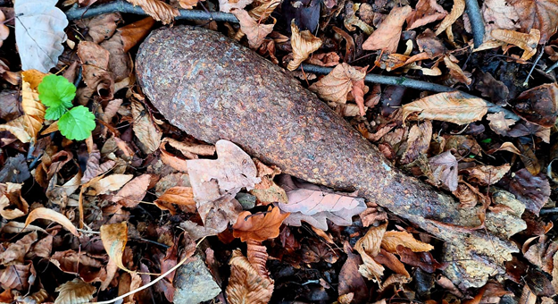 Przedmiot przypominający pocisk moździerzowy z czasów II wojny światowej znaleziony na terenie leśnym w gminie Bardo