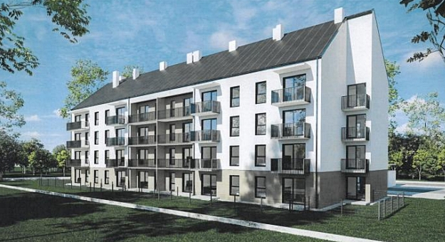 Wizualizacja budynku wielorodzinnego z mieszkaniami na wynajem, który powstaje przy ul. Sportowej w Złotym Stoku
