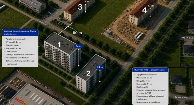 Wizualizacja dwóch nowych bloków realizowanych przez gminę i TBS przy ul. Jeżynowej