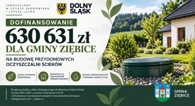 20 nowych przydomowych oczyszczalni ścieków w Gminie Ziębice. Ponad 630 tys. zł dofinansowania