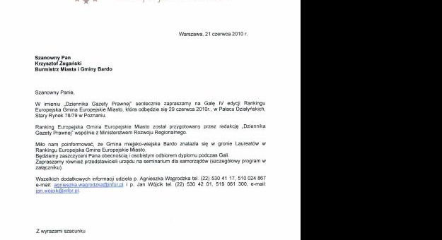 Bardo laureatem Rankingu Europejska Gmina Europejskie Miasto